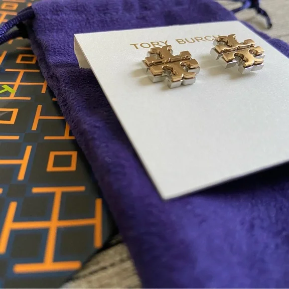 NWT! Tory Burch logo stud earrings in double gold: gold and silver tones - Picture 4 of 15